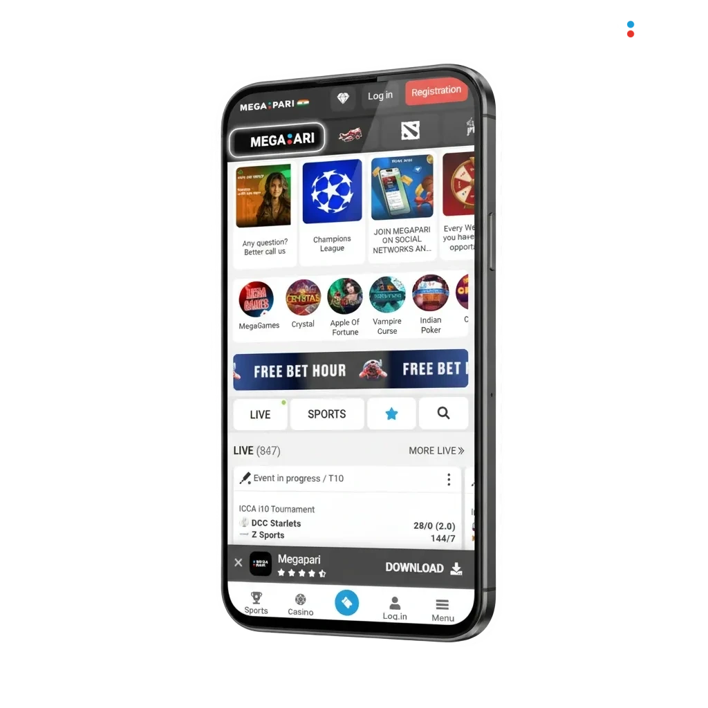 صورة ترويجية لتطبيق MegaPari لأندرويد وiOS بالعربية، مراهنات وكازينو، مع شعارات دفع مثل Visa وMasterCard وBitcoin.